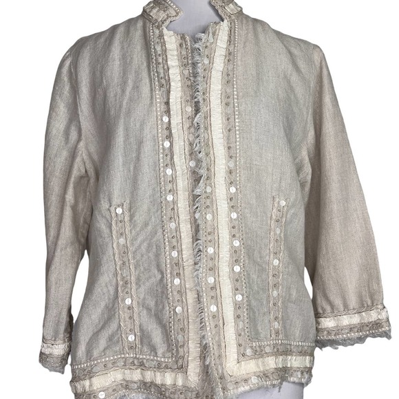 Chico's Jackets & Blazers - Chico's Beige Linen Spring Open front Blazer Mandarin Collar Size 1 - Medium 8
